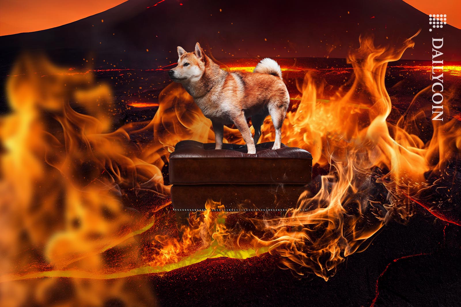Shiba inu standing on a leather ottoman surrounded by fire.