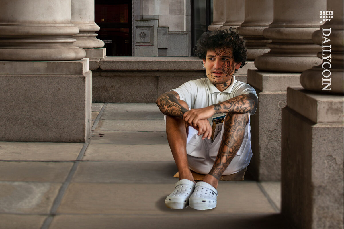 Sam Bankman Fried sitting infront of a courthouse, covered in prison tattoos
