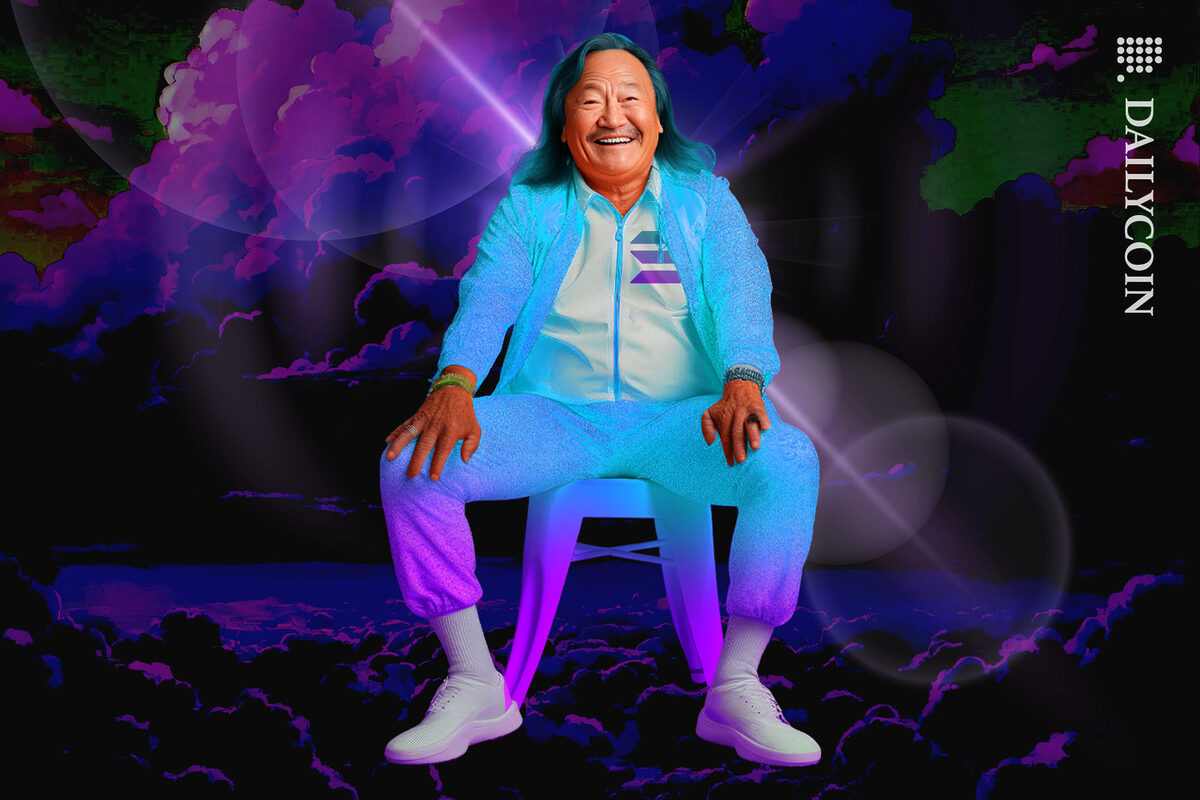 Elderly asian man wearing Solana coloured tracksuit being very pleased, as sitton on clouds.