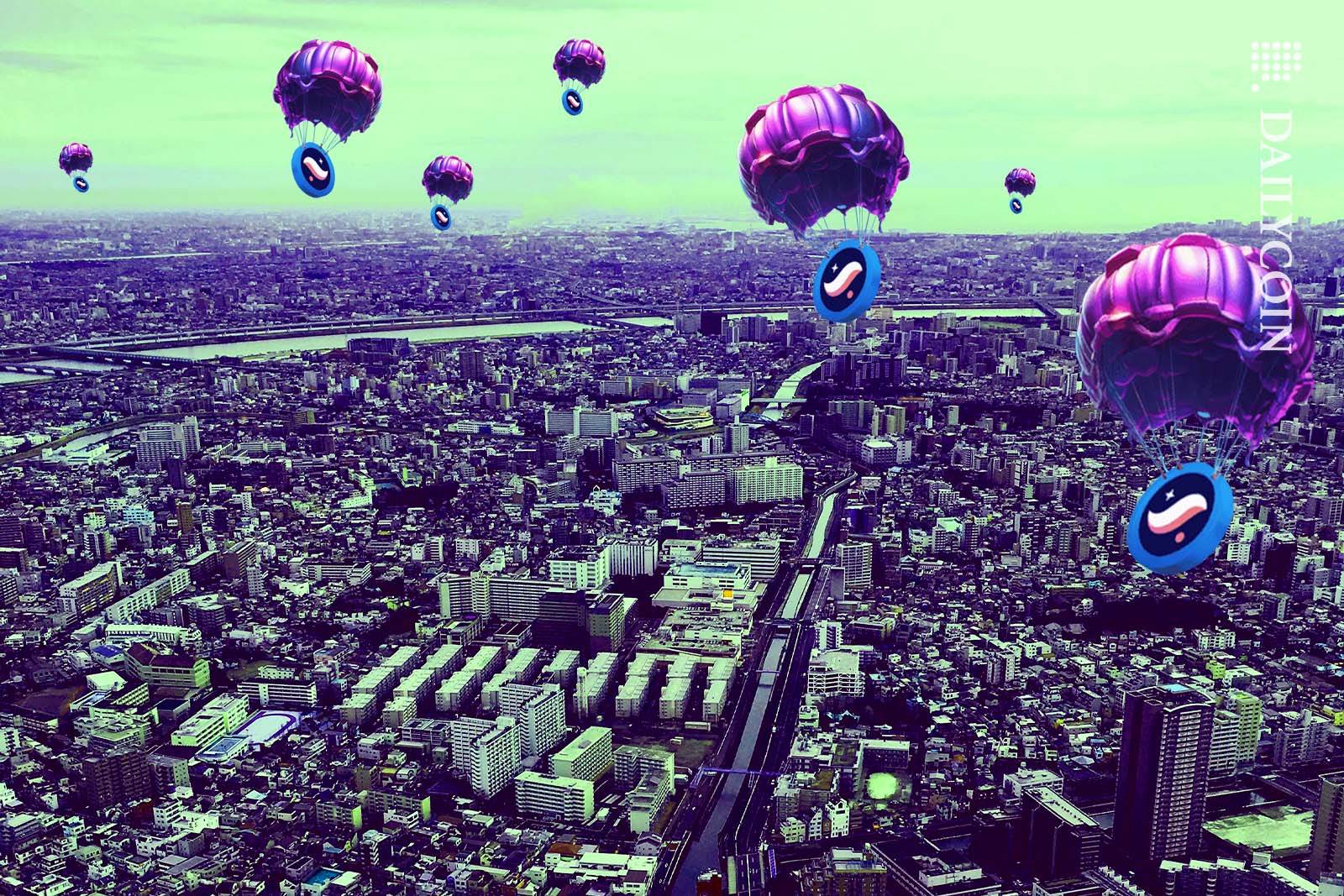 Starknet tokens being airdropped on a huge urban area.