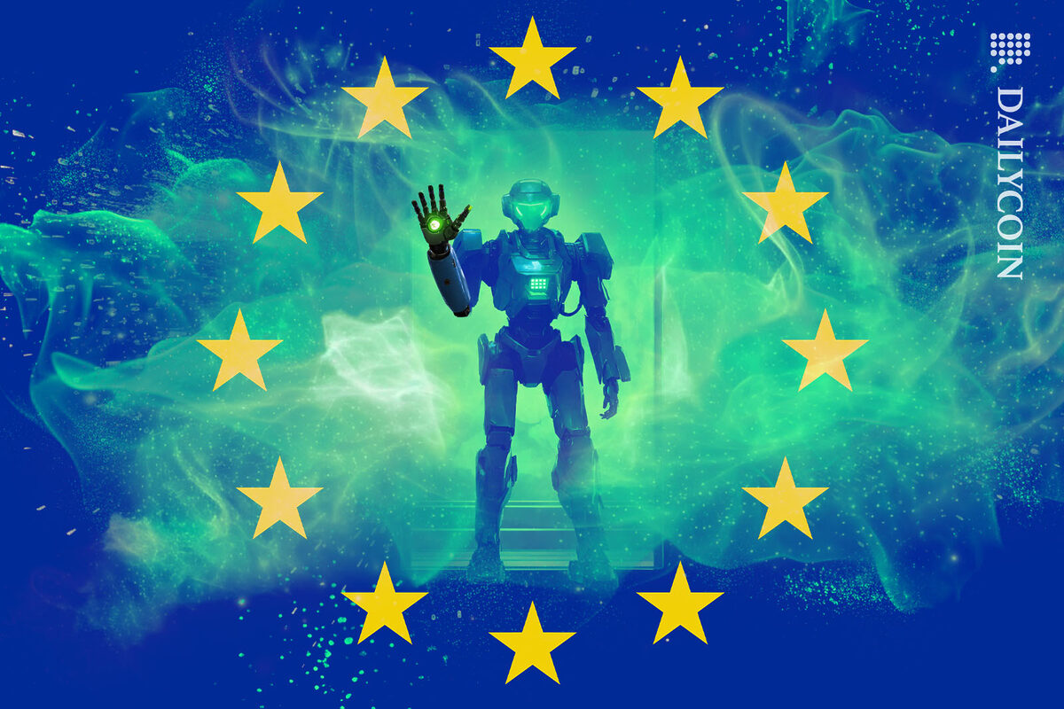 Green robot waving goodbye from the middle of a EU flag.