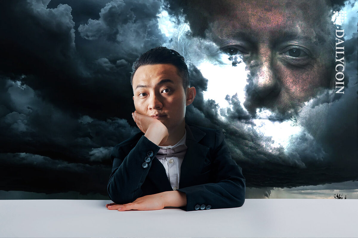 Justin Sun looking sad, as dark storm clouds gather behing him with Jeremy Allaire's face.