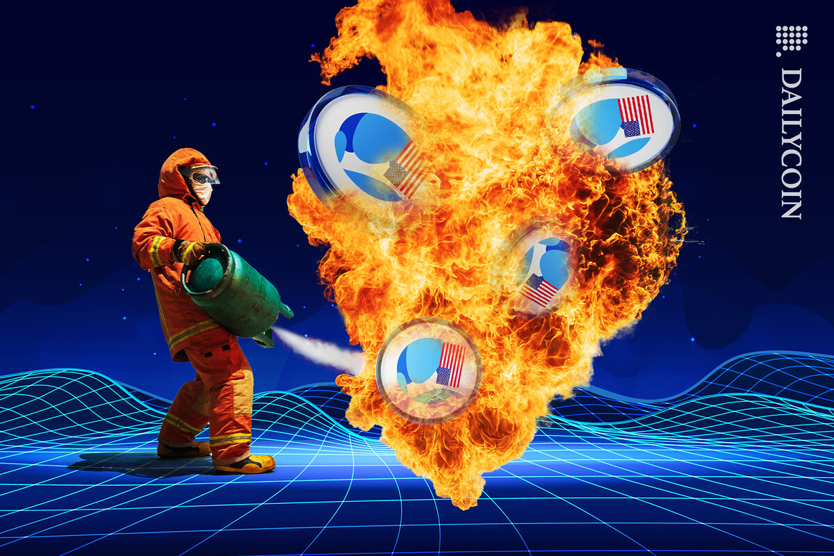 Guy setting USTC coins on fire in a digital space.