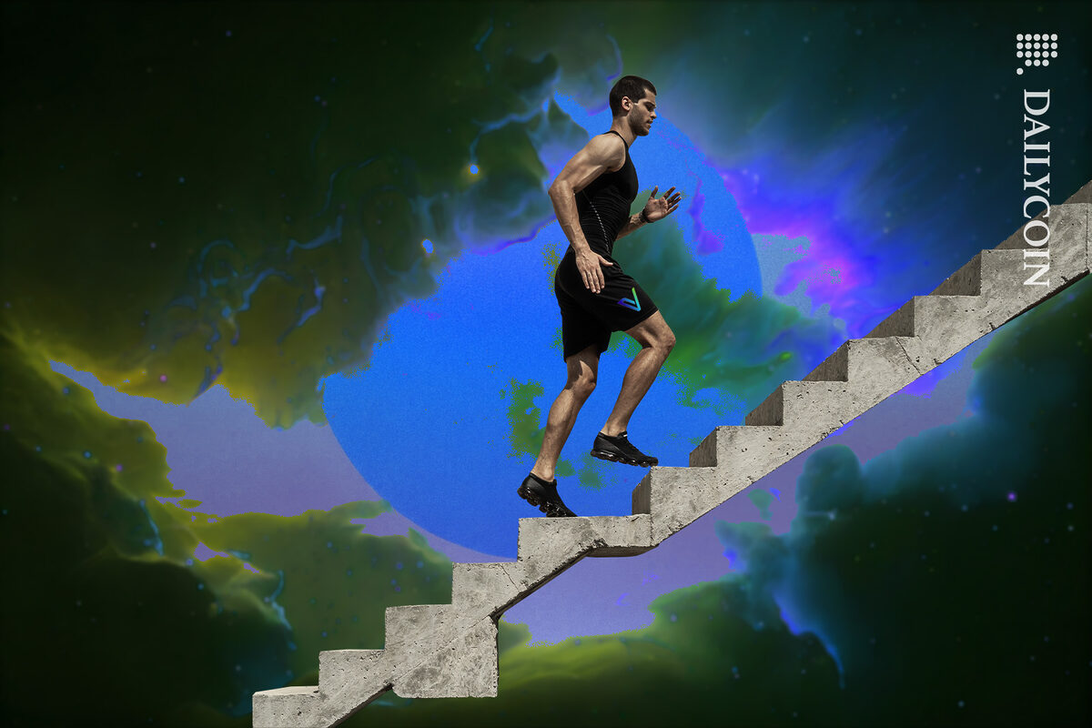 Man running up some stairs tirelessly, reaching space.