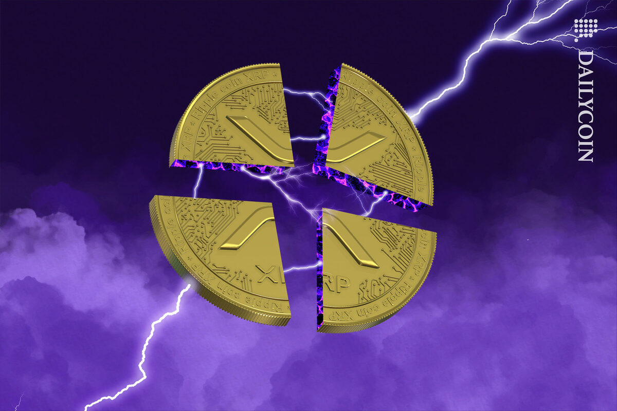 XRP coin quartered, held together by electricity.