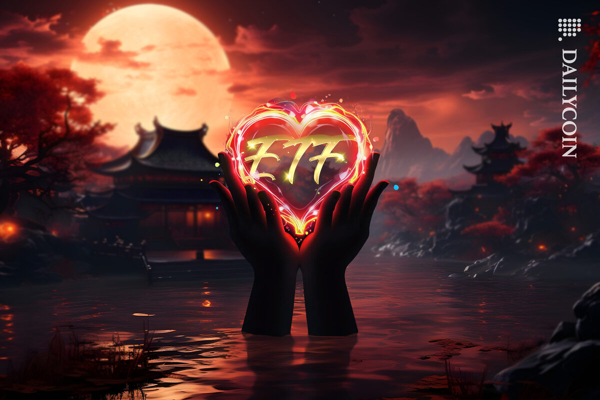 ETF appearing in the hands of love of the full moon in an asian water city.
