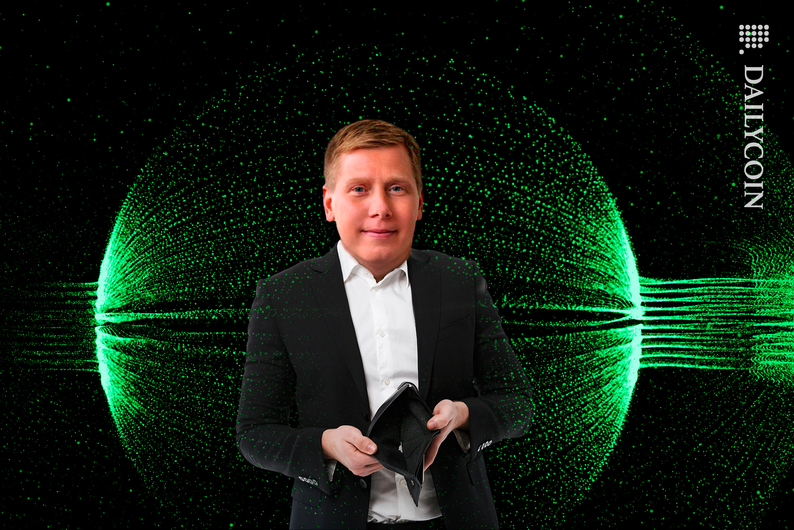 Barry Silbert coming out of a green laser dome showing empty wallet.