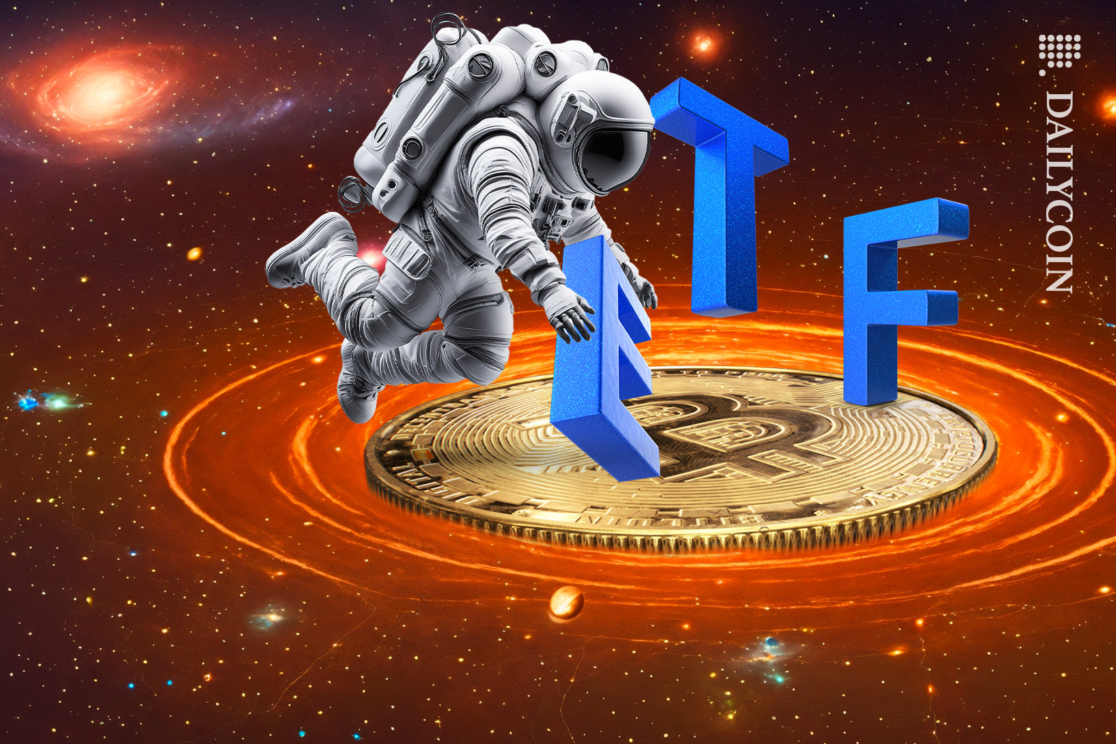 Space man Arranging Bitcoin ETF in space.