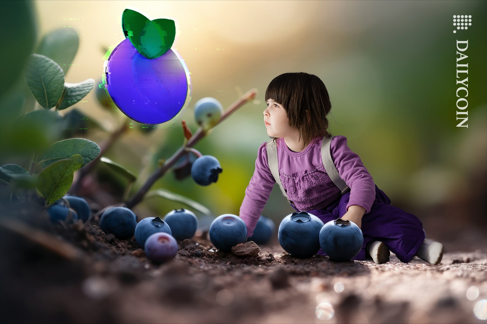 Little girl sitting on a land of blueberries and sees one hovering glitching blueberry.