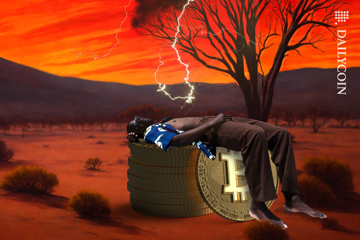 Guy in an African sunset landscape, feeling tired on from the lightning, having a rest on Bitcoins.