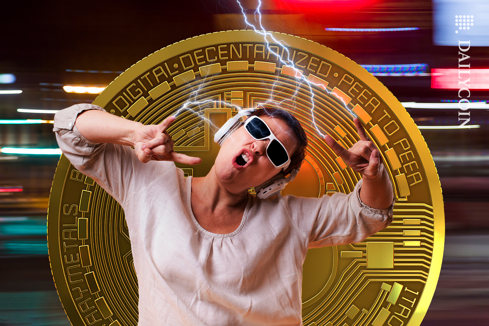 Woman feeling powerful with Bitcoin.