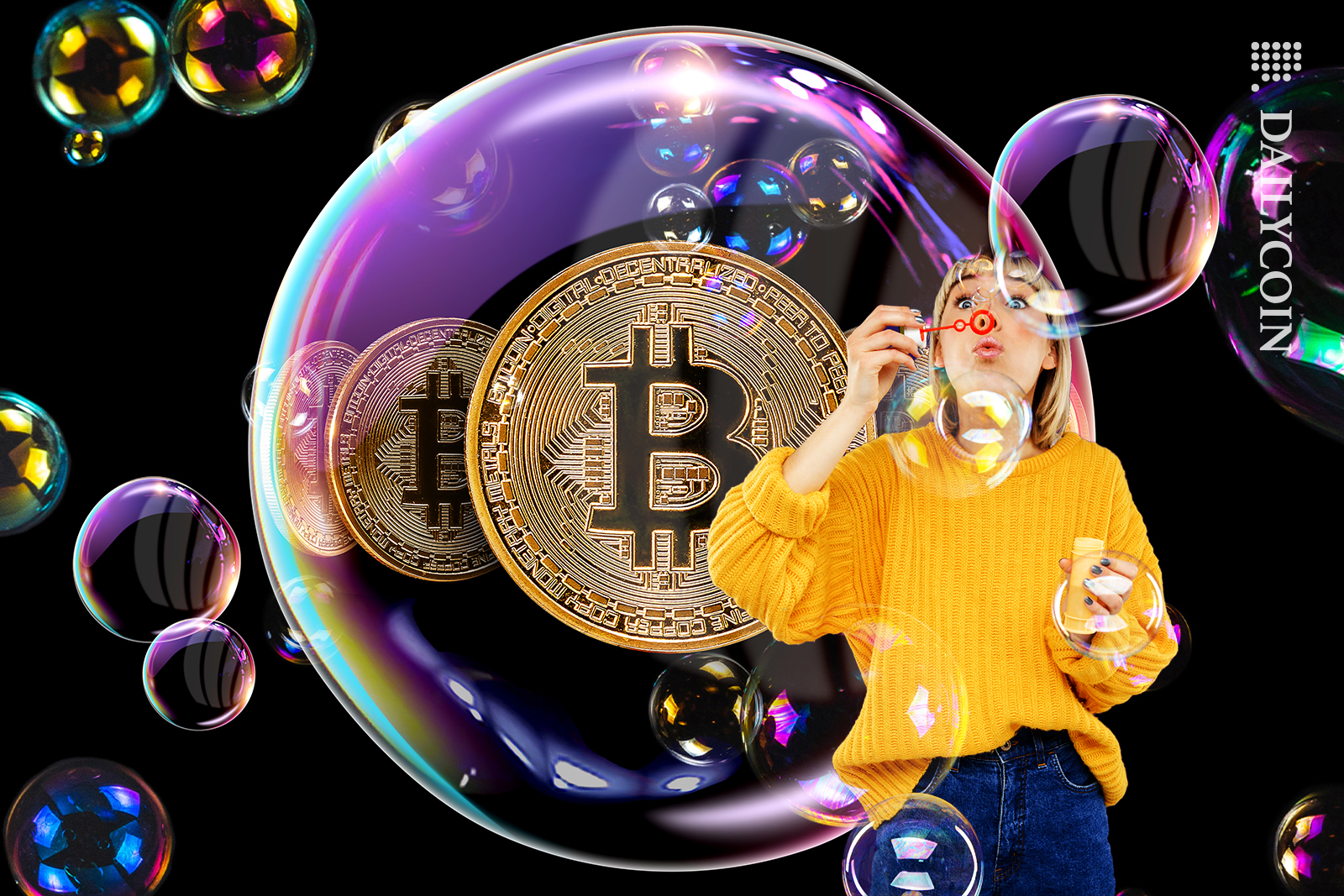 Girl blowing little bubbles next to a huge Bubble with bitcoins.