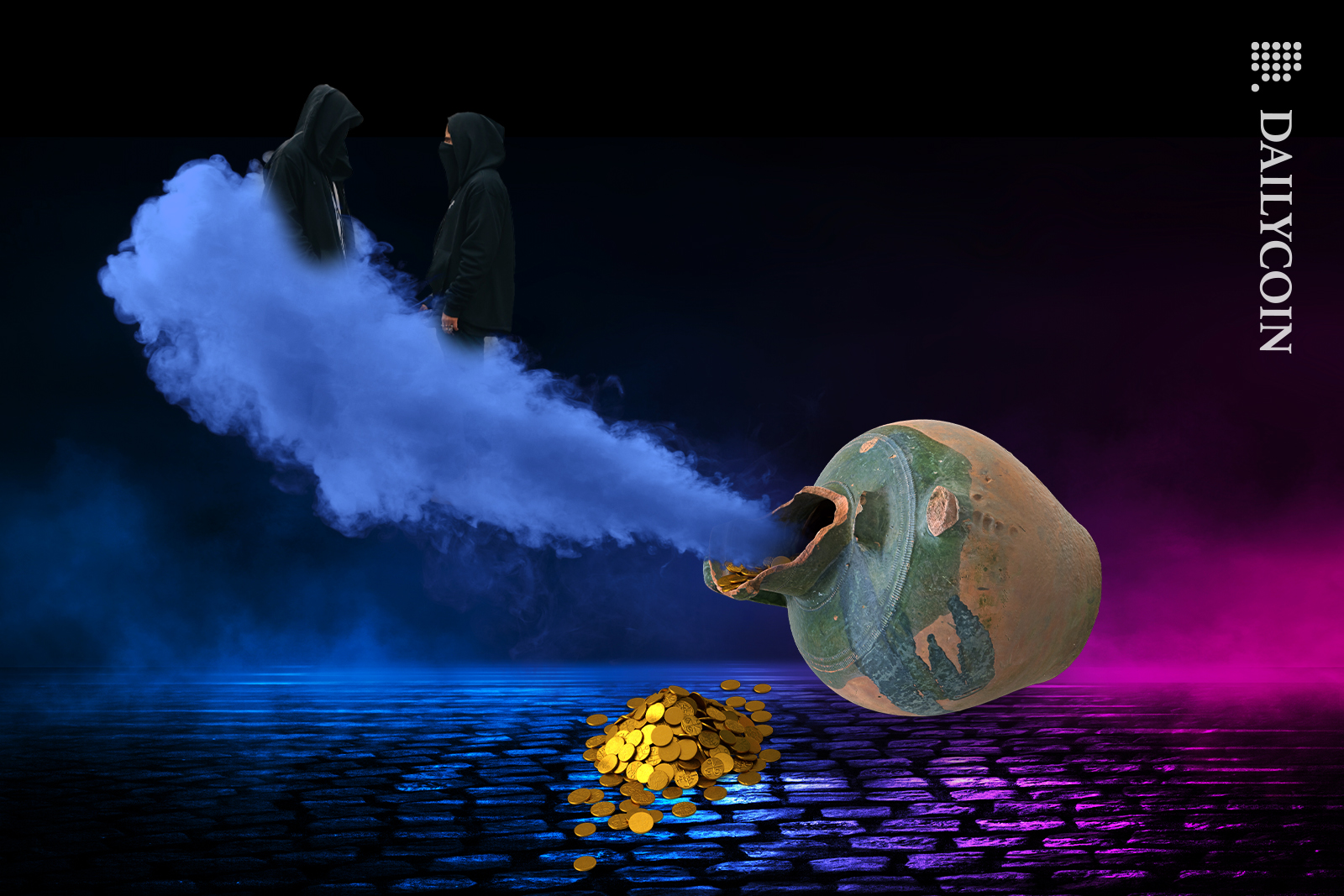 Coins and smoke coming out of a broken secret treasure pot, on a dark street, with a criminal deal being made.