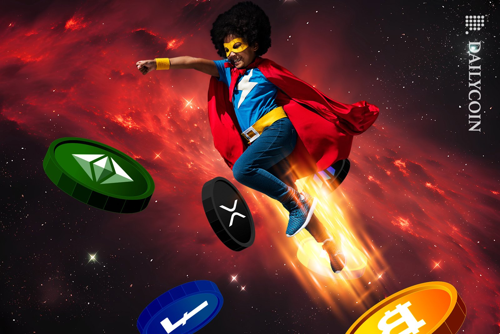 Girl dressed as a superhero jumped all the way to space atmosphere with crypto coins.