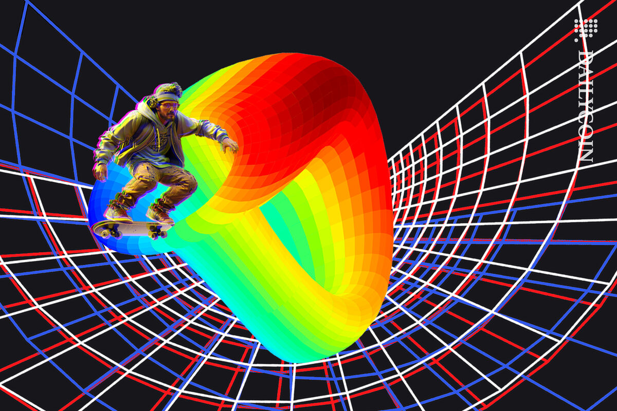 Skateboarder on top of the Curve skating in a digital space