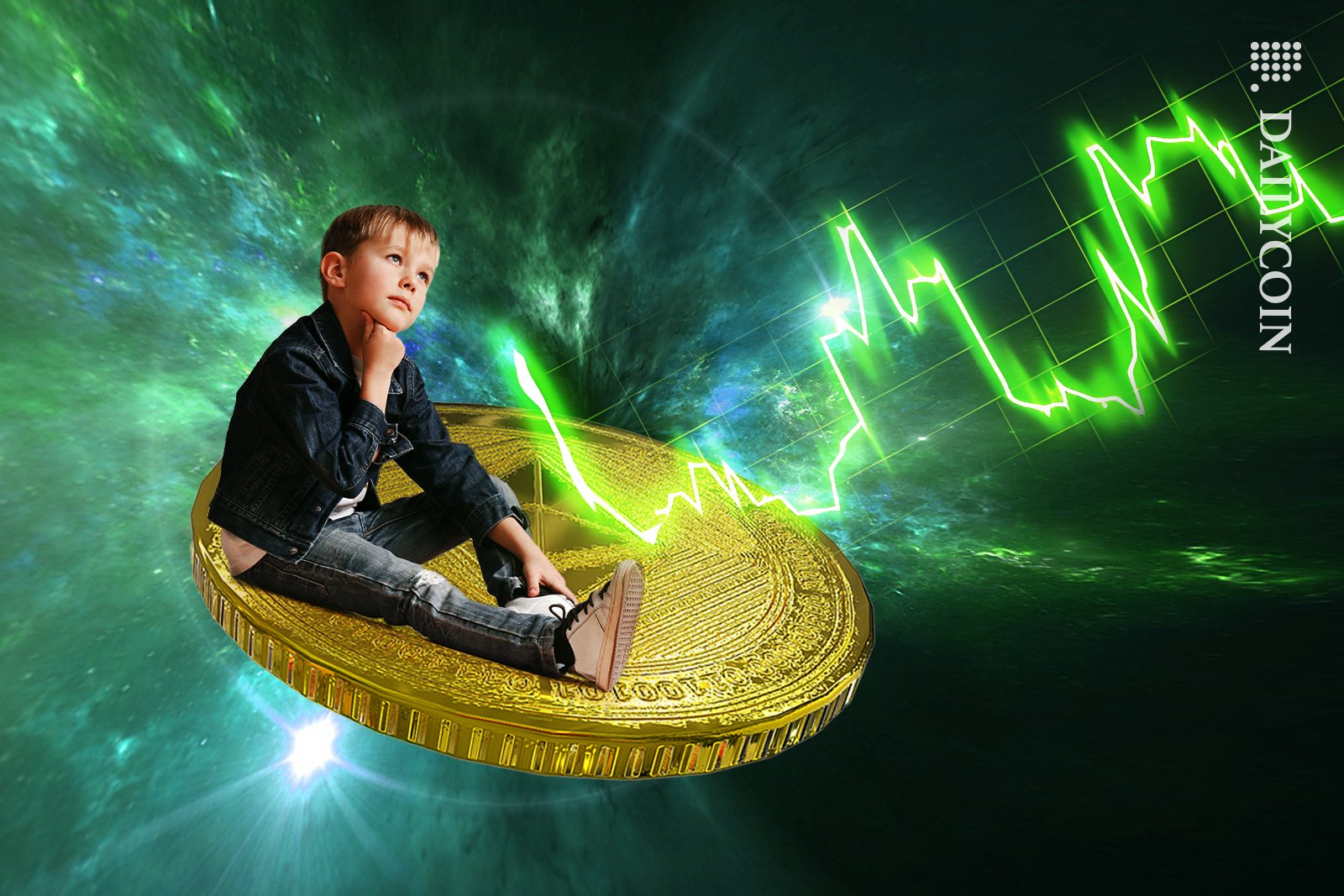 Boy sitting on a ETH coin in space, watching the green price chart go up.