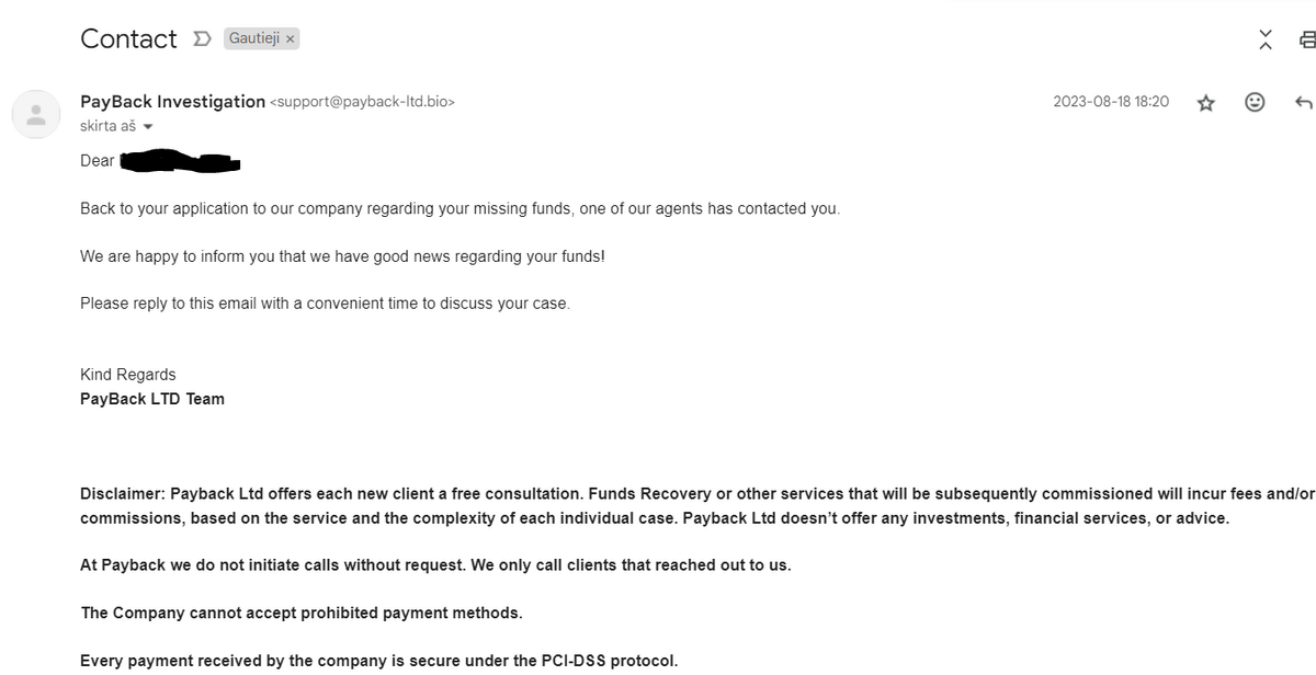 An email that Marius received imitated money recovery company PayBack Ltd. The domain payback-ltd.bio did not match with the legitimate one payback-ltd.com.
