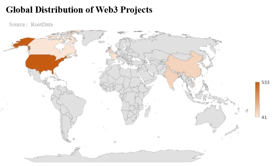 Map showing the distribution of crypto projects globally. Most are in the United States.