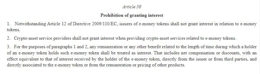 MiCA’s Article 50 excerpt highlighting prohibition of granting interest.