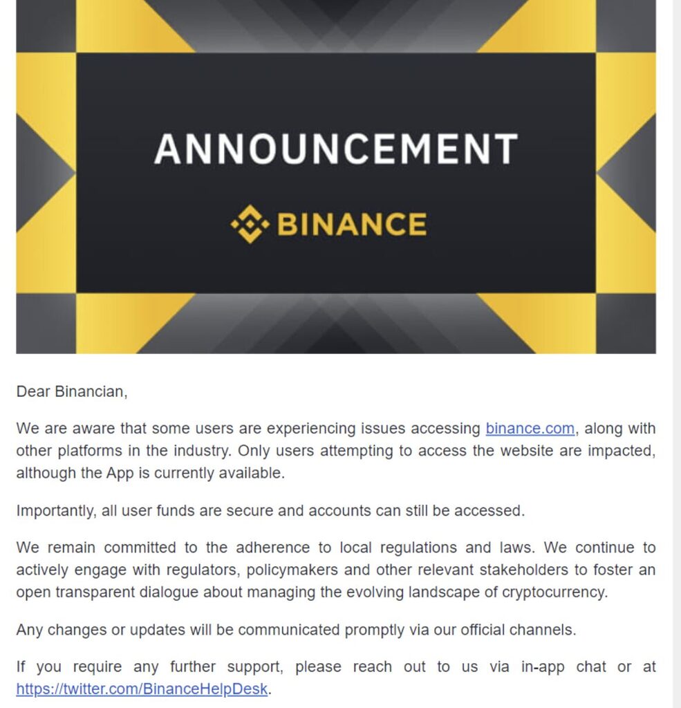 An extract from the email sent by Binance to users.
