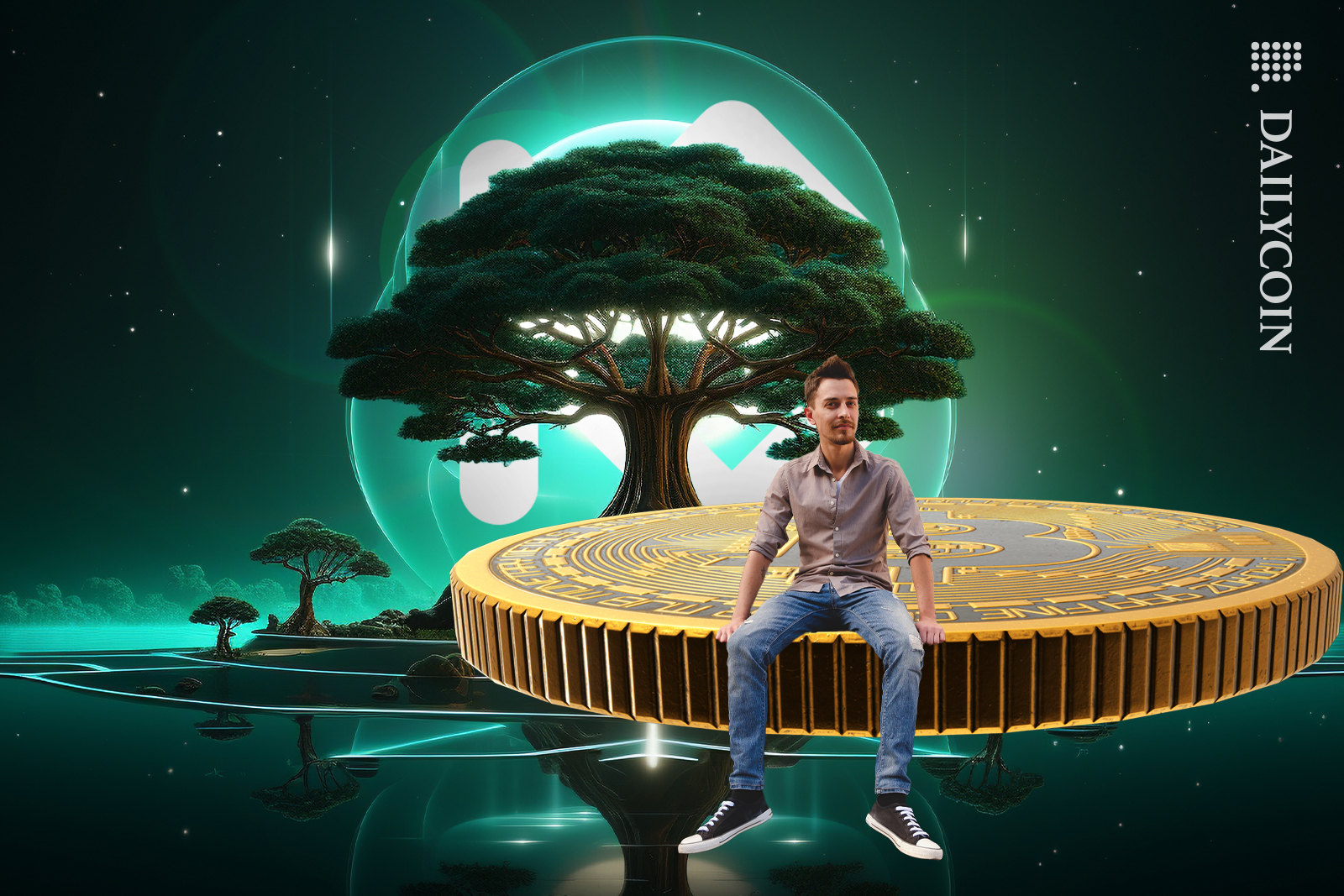 Man sitting on a massive Bitcoin in KuCoin land which has a huge tree growing.
