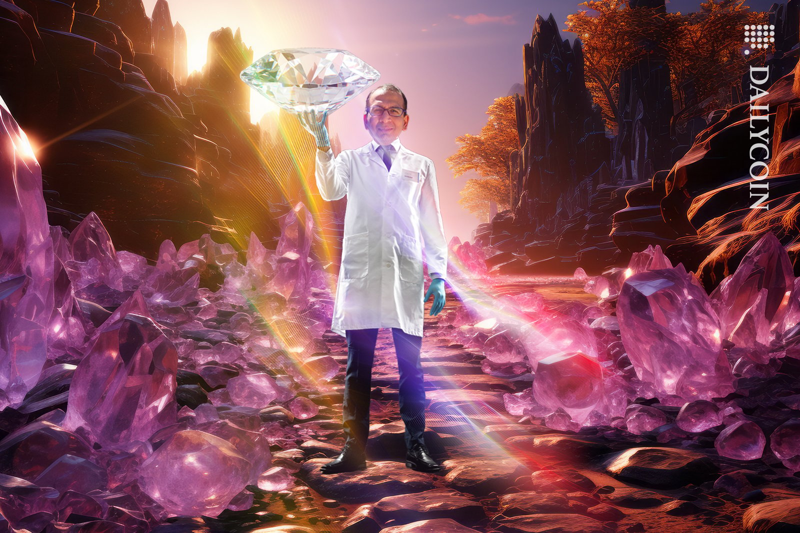 Navin Gupta wearing a lab coat holding a diamond in the crystal land.