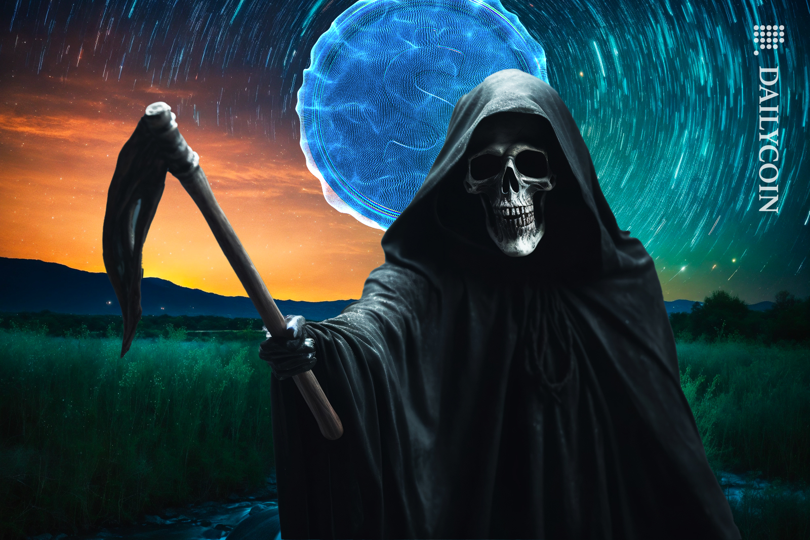 Grim Reaper in the night in New Zealand giving a warning to stablecoin.
