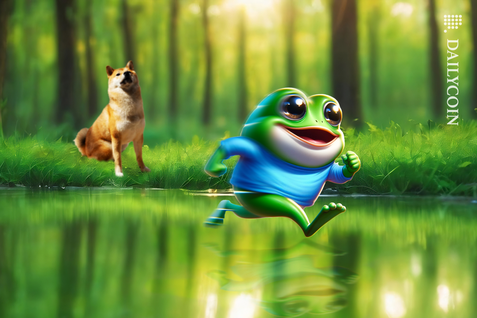 Shiba inu jealous of Pepe's jumps through green waters.
