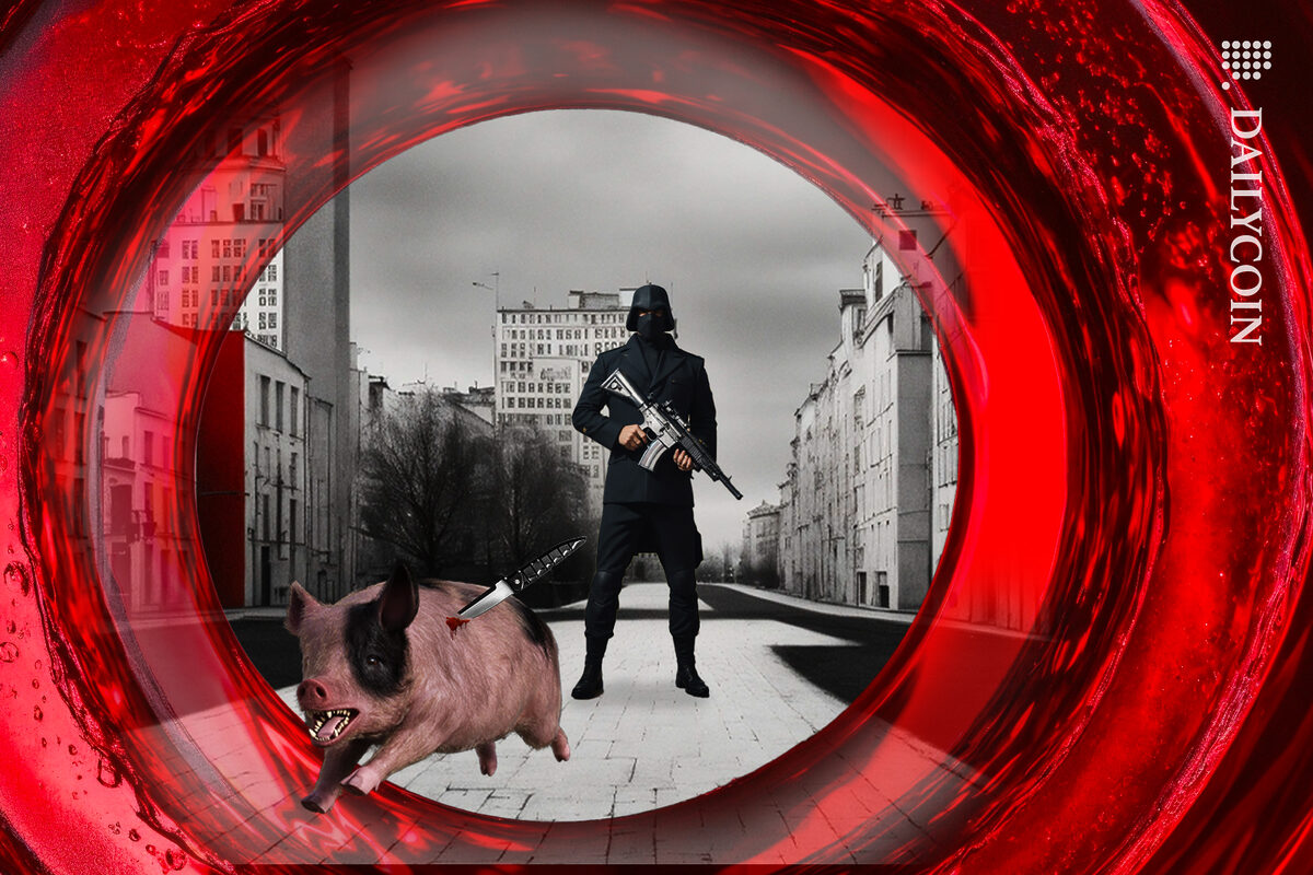 A scared pig running away with a knife still inside him, and a scene shows an assasin with a machine gun in a Russian town.