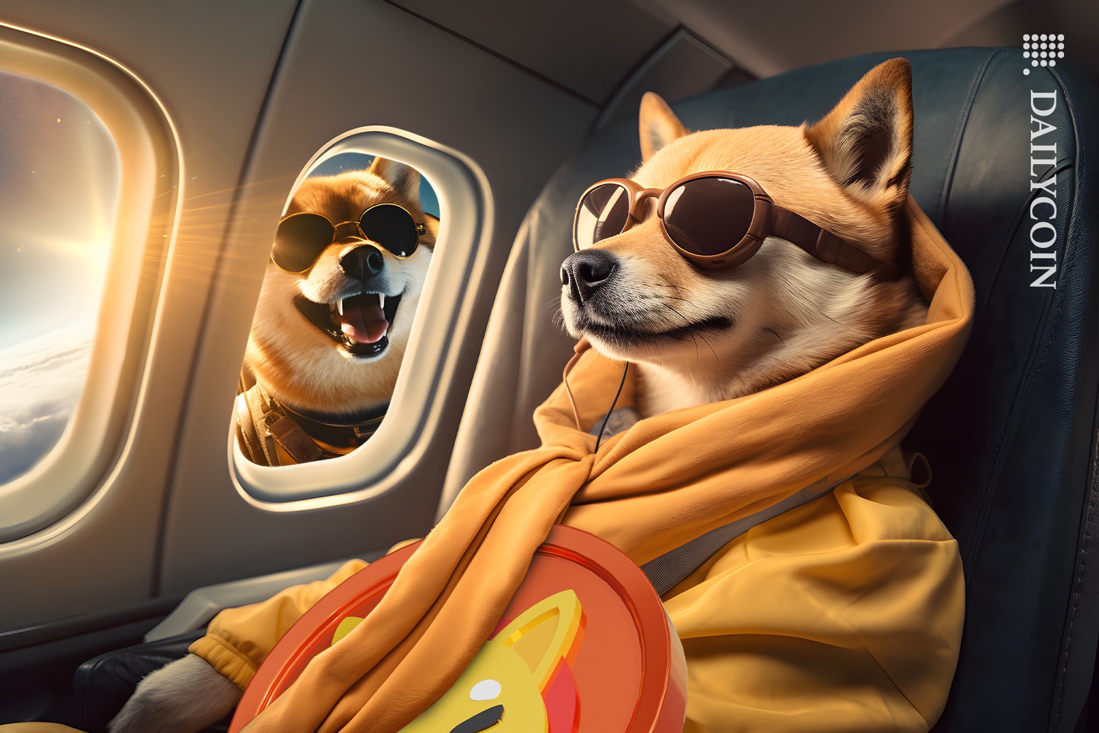 Shiba Inu's top dog flying on an airplane. Shib in space checking on him.