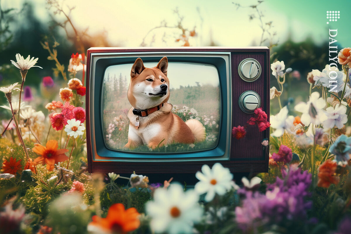 Shiba Inu on a television surrounded by growing flowers in the summer scenery.