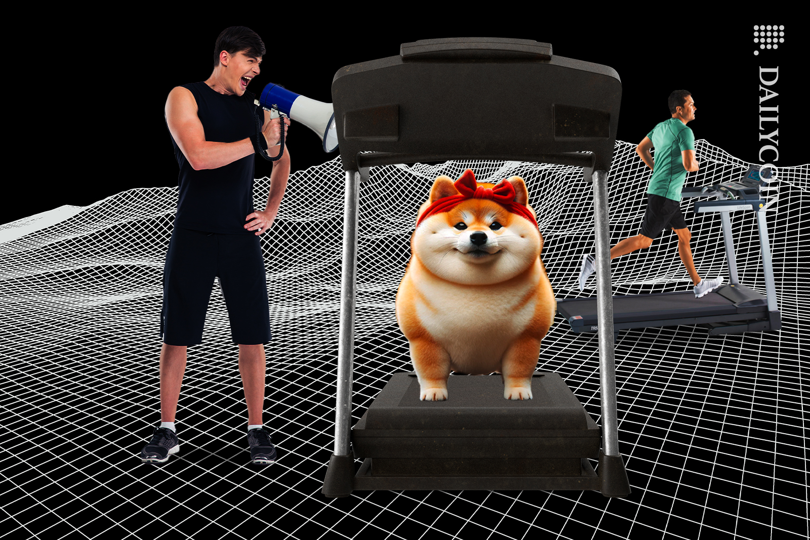 Shiba Inu personal trainer is shouting at him to get a move on the treadmill.