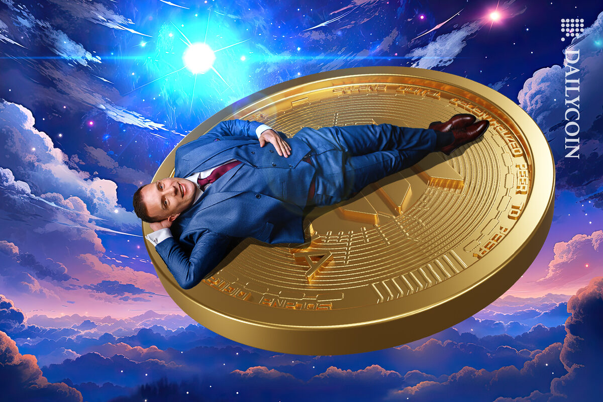 Guy laying on a giant Solana coin in the sky.