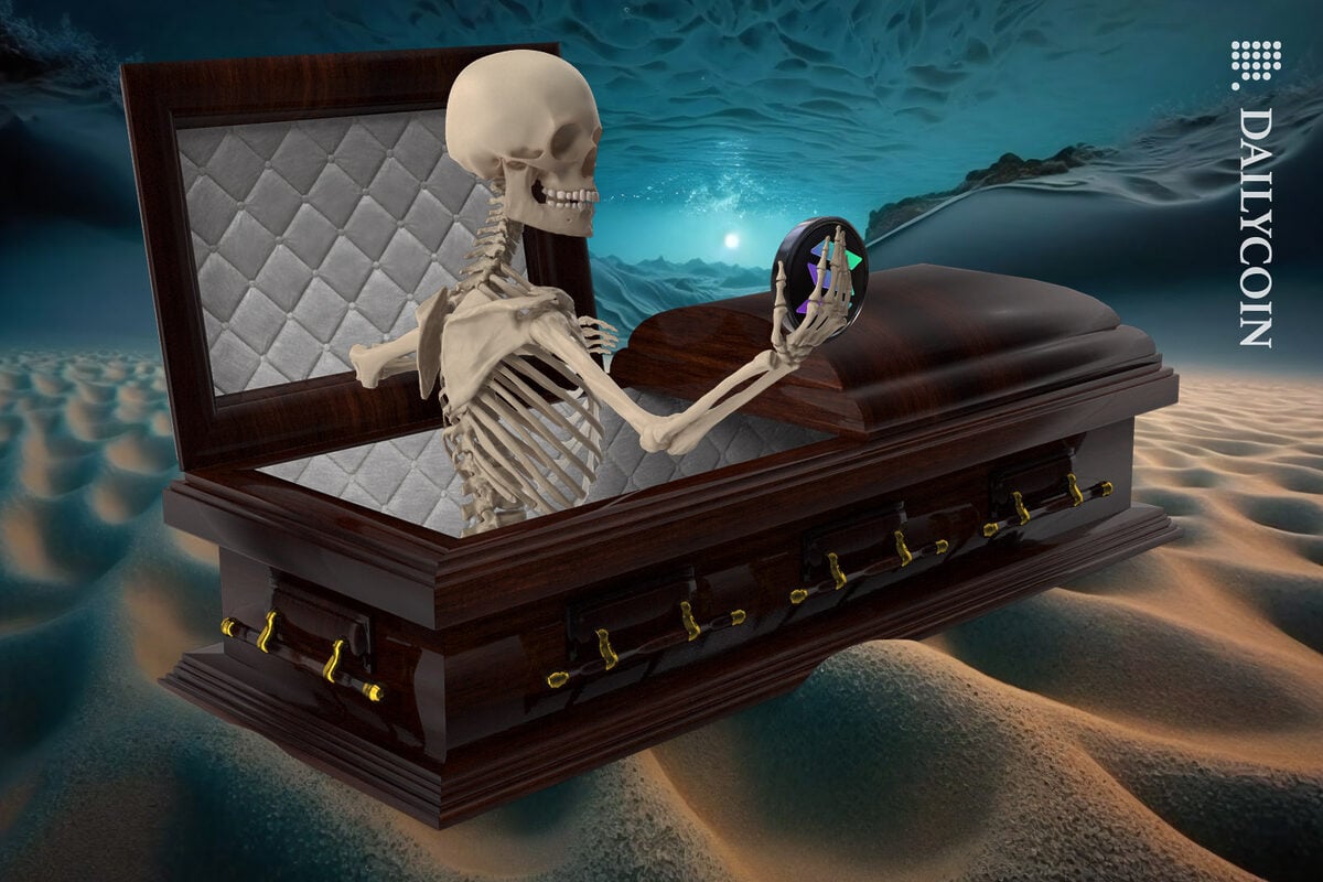 Skeleton sitting up out of a coffin holding a Solana coin in the desert.