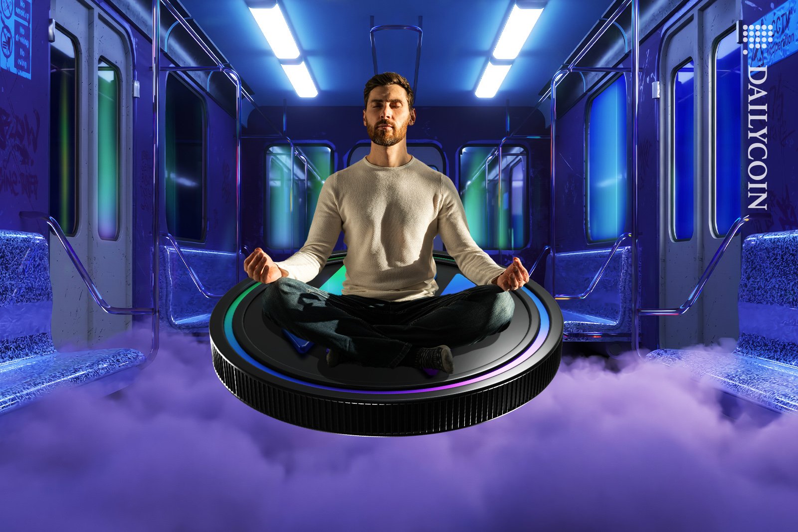 Guy is on a broken down train meditating on a hovering Solana coin.