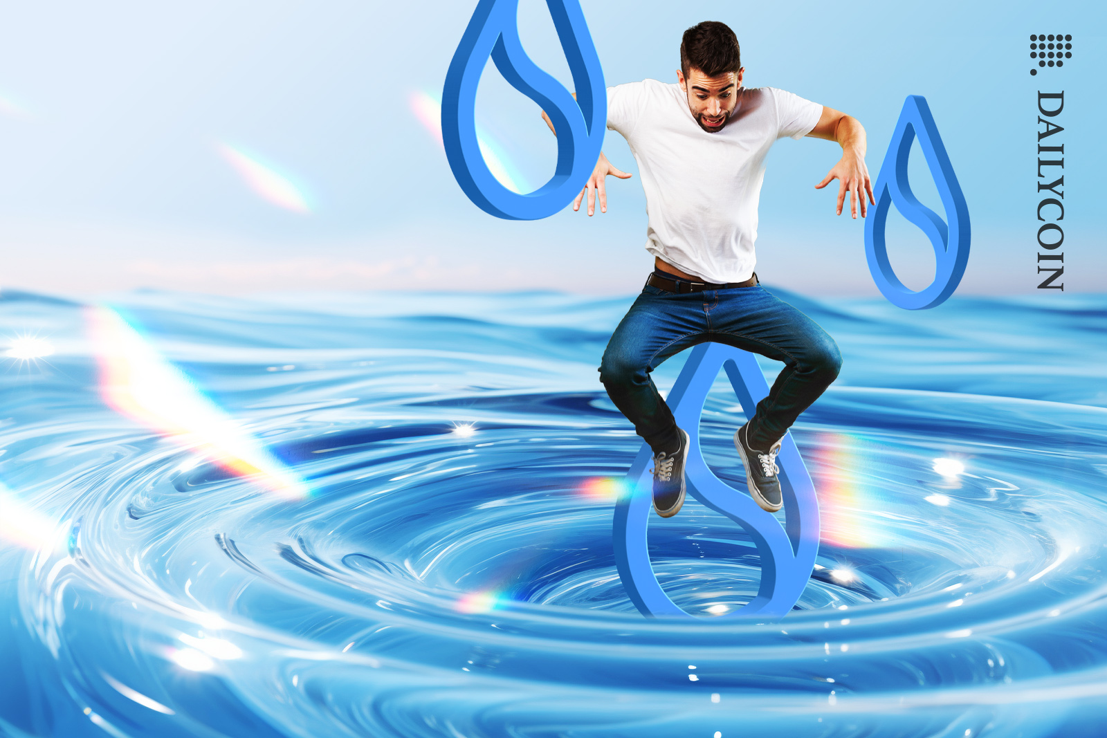 Guy jumping out a water portal with SUI tokens.