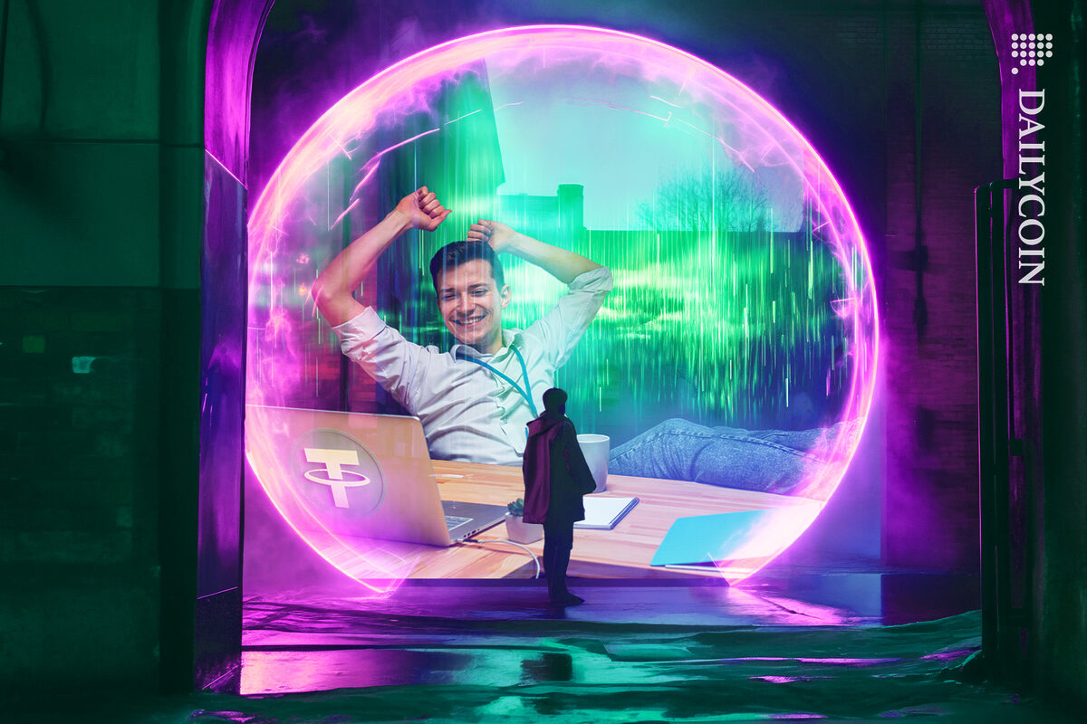 Guy seeing in a circle vision dome a happy guy with Tether coin.