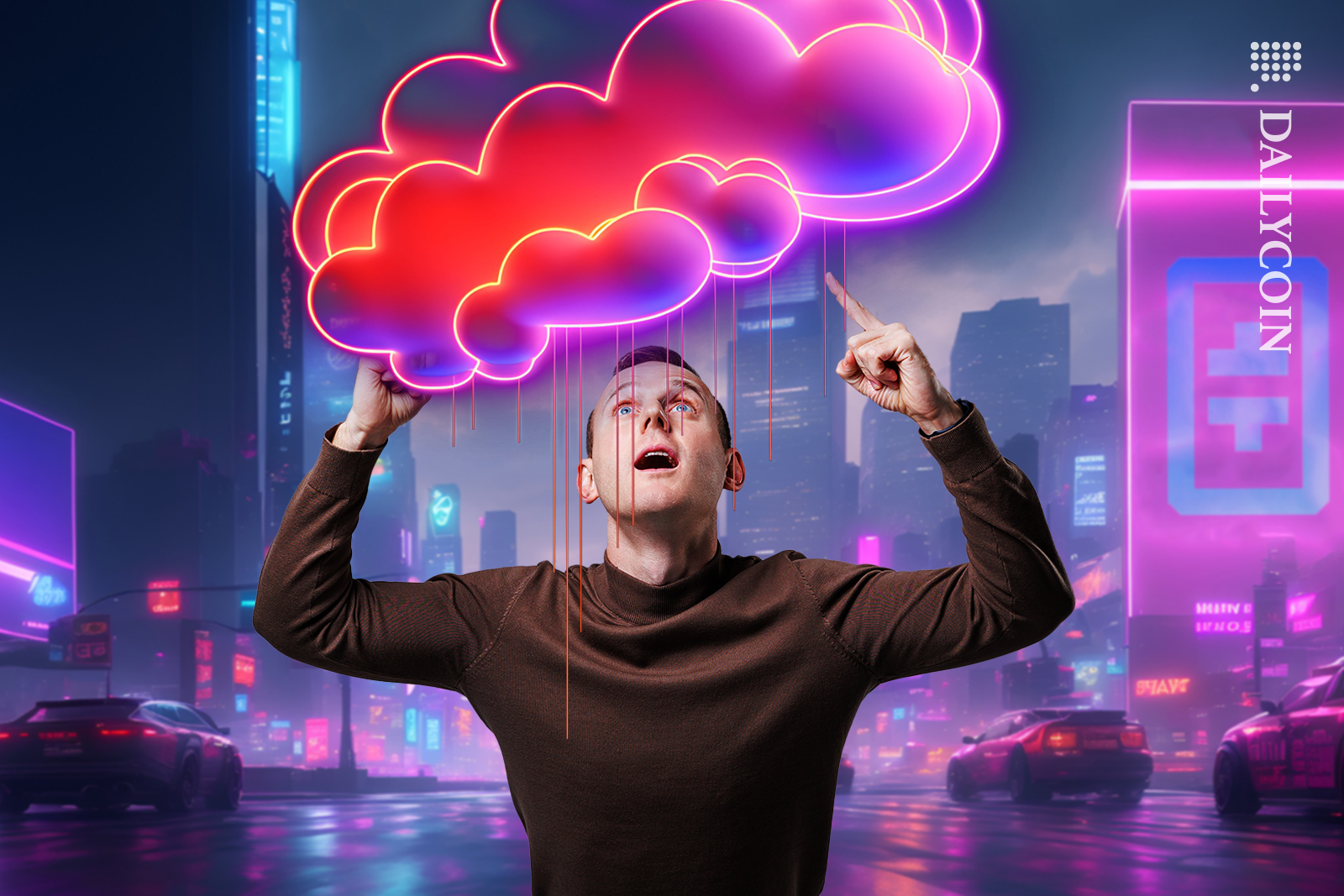 Guy in the futuristic city of Theta Network seeing a digital cloud.