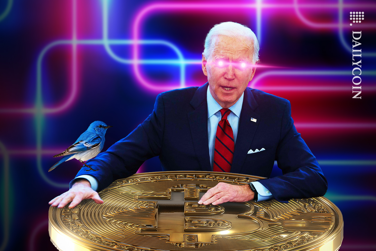 President Biden with laser eyes, resting hands on a Bitcoin, with a Twitter bird listening on his arm.