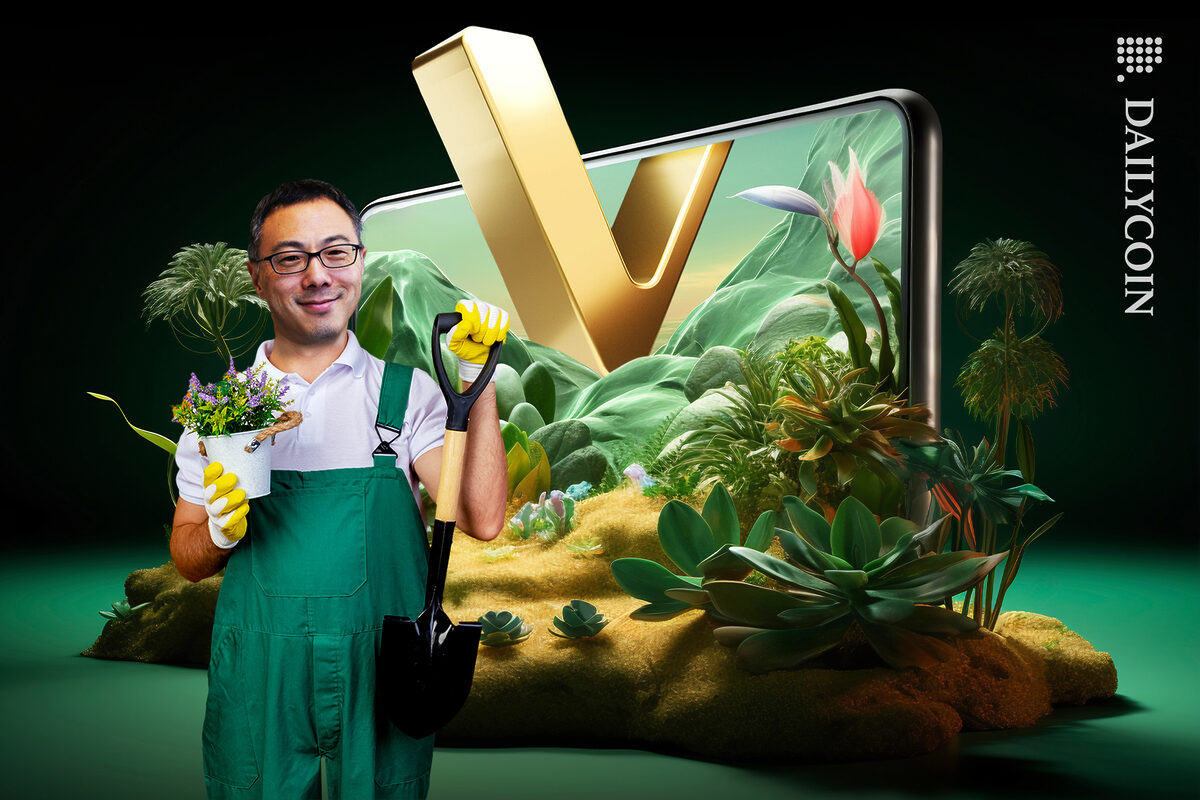 Sunny Lu planting plants in the new VeChain landscape.