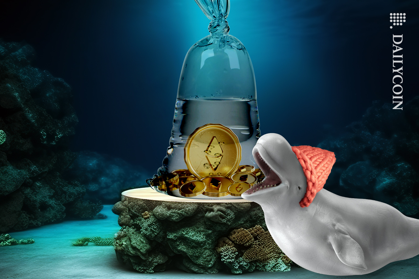 Beluga whale with a bag of ethereums wearing WIF's knitted hat.