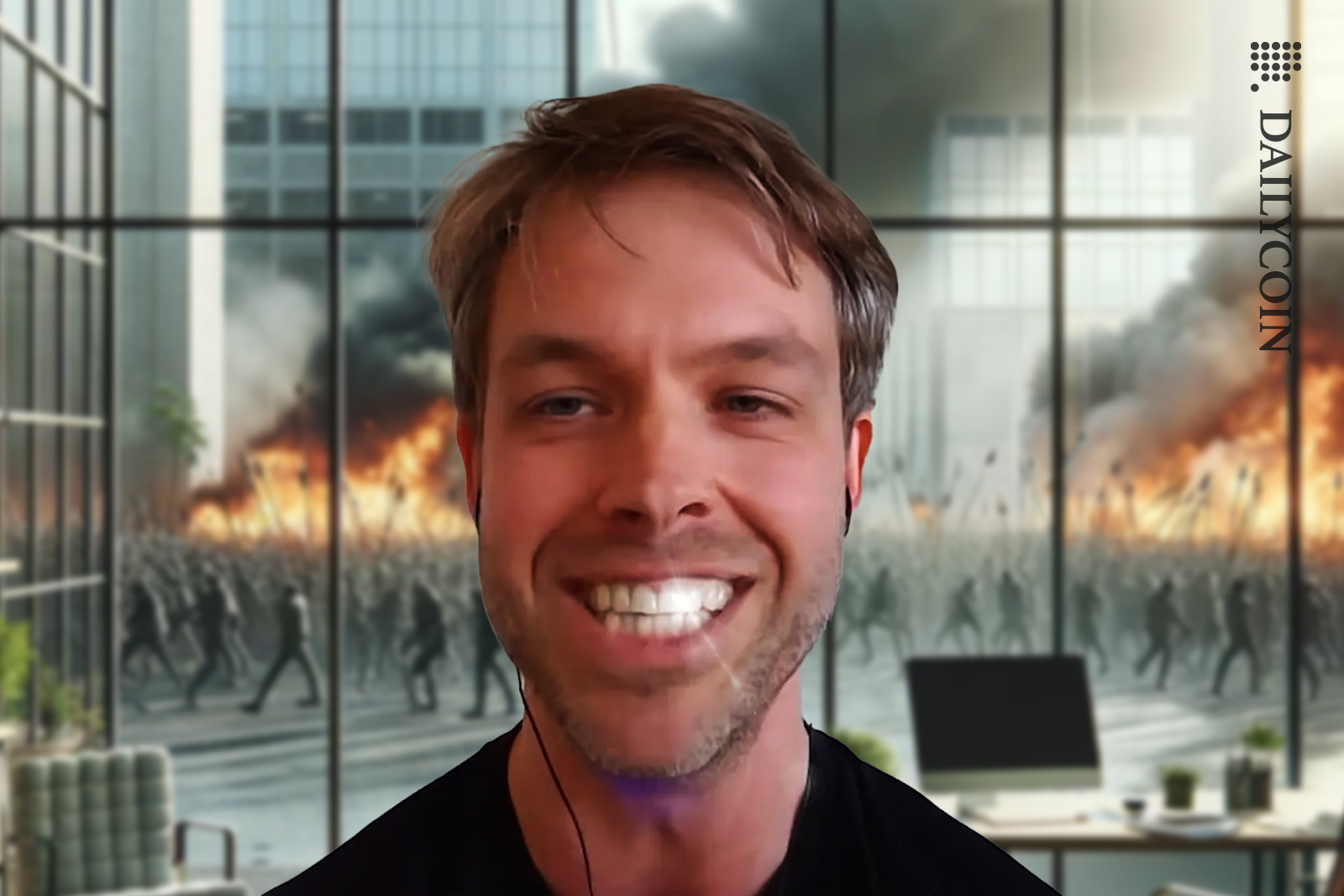 Kyle Davies smiling, riots of angry people with fire and arrows outside his office.