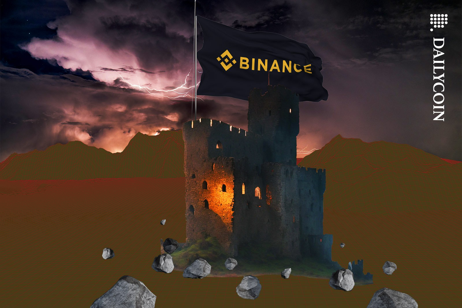 An old ruined casle with a large Binance flag on it.