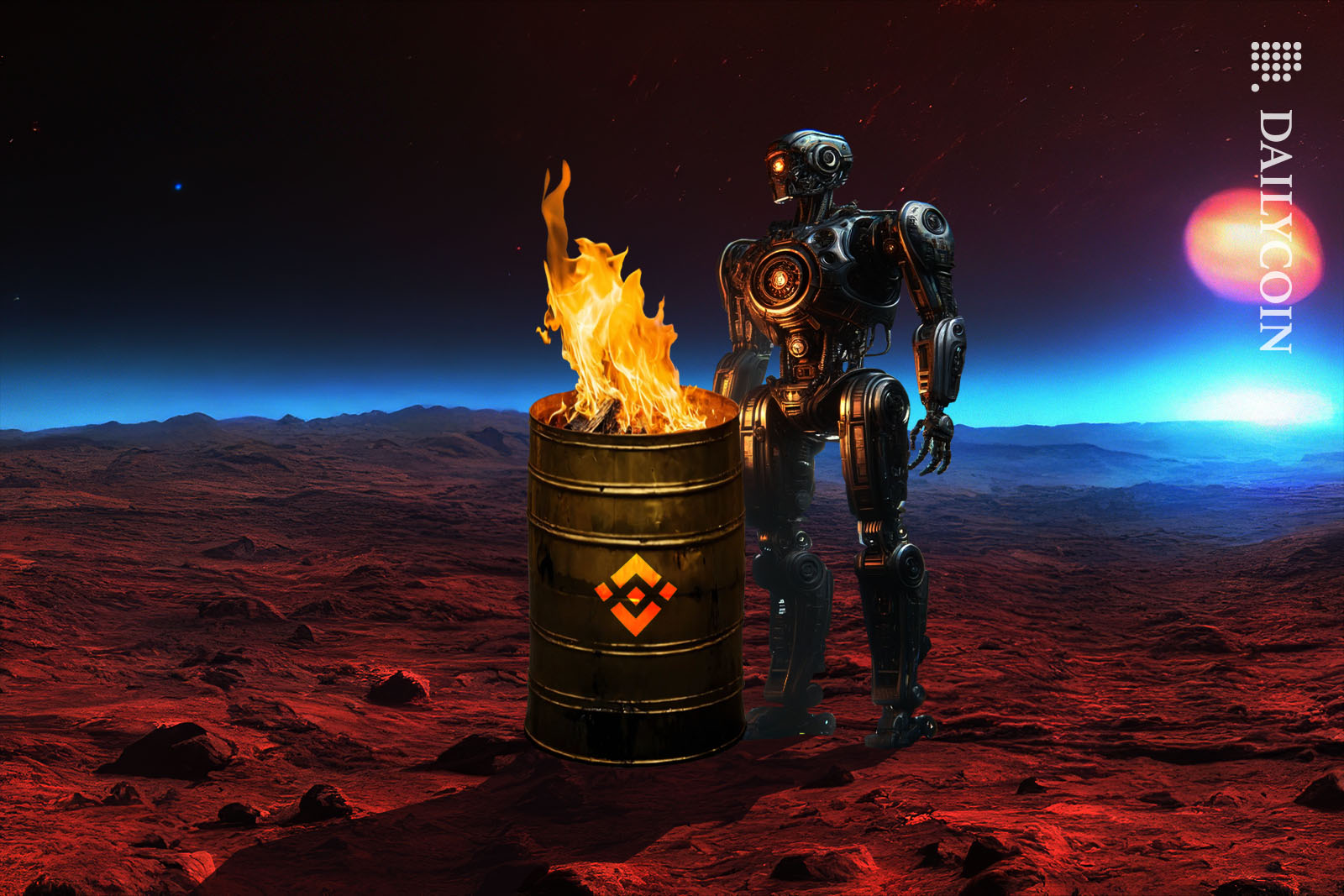 Robot standing next to a burning metal barrell with a Binance logo on it.