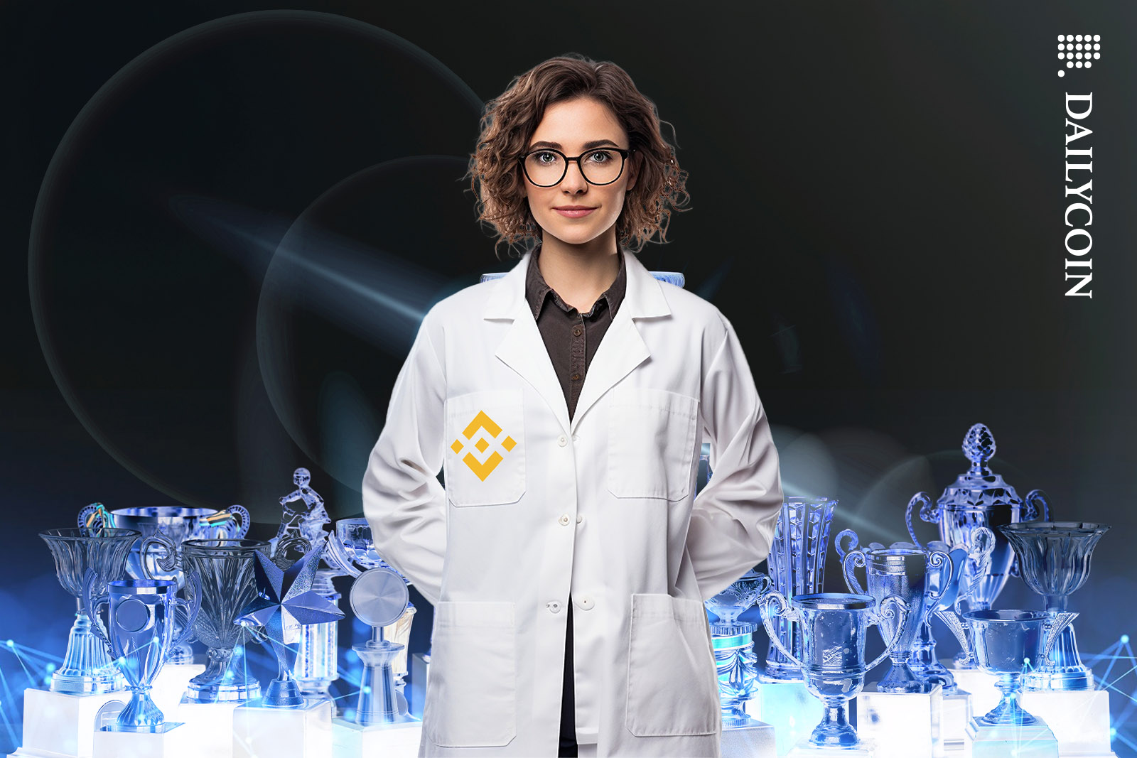 Binance Labs Lady in a lab coat in front of many trophies.