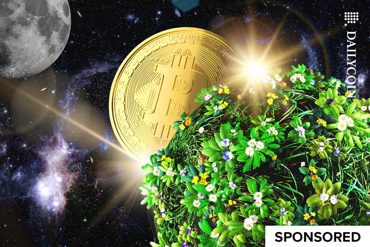 A Bitcoin rising from behind a green planet.