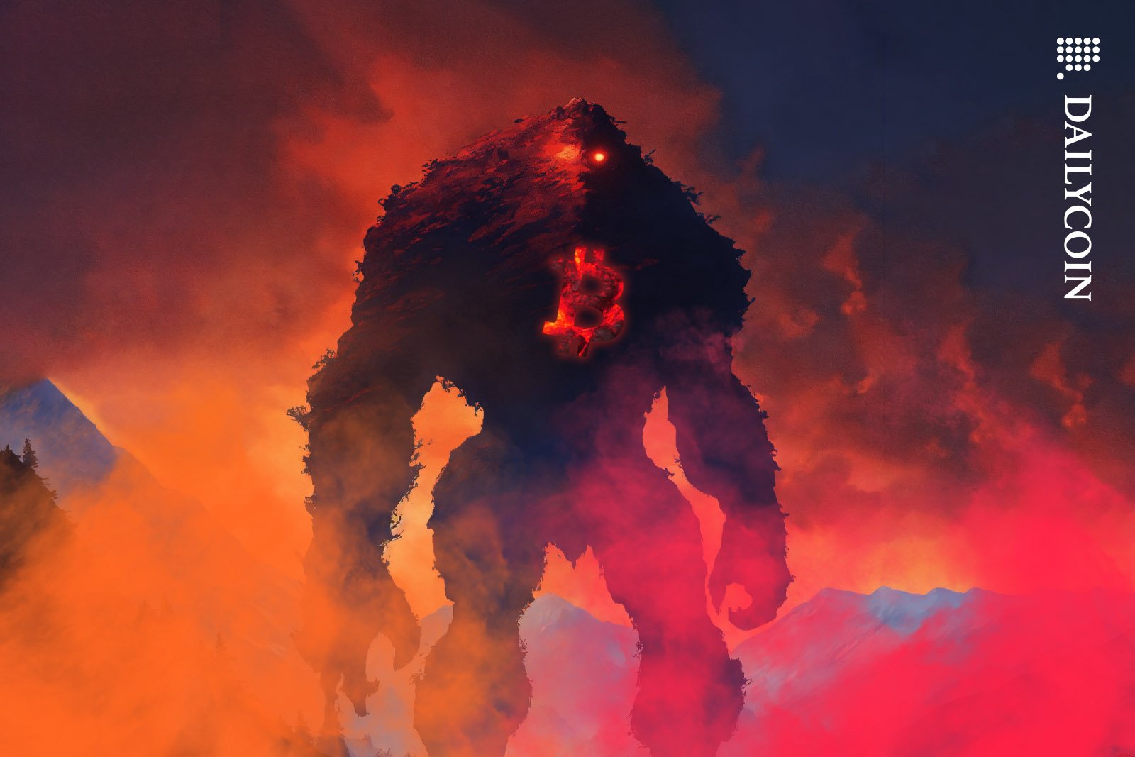 Huge giant Bitcoin monster waking up in a fiery and smokey environment.