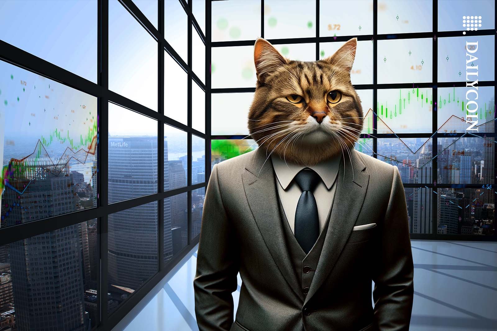 A business cat wearing a three piece suit contemplating in his office.