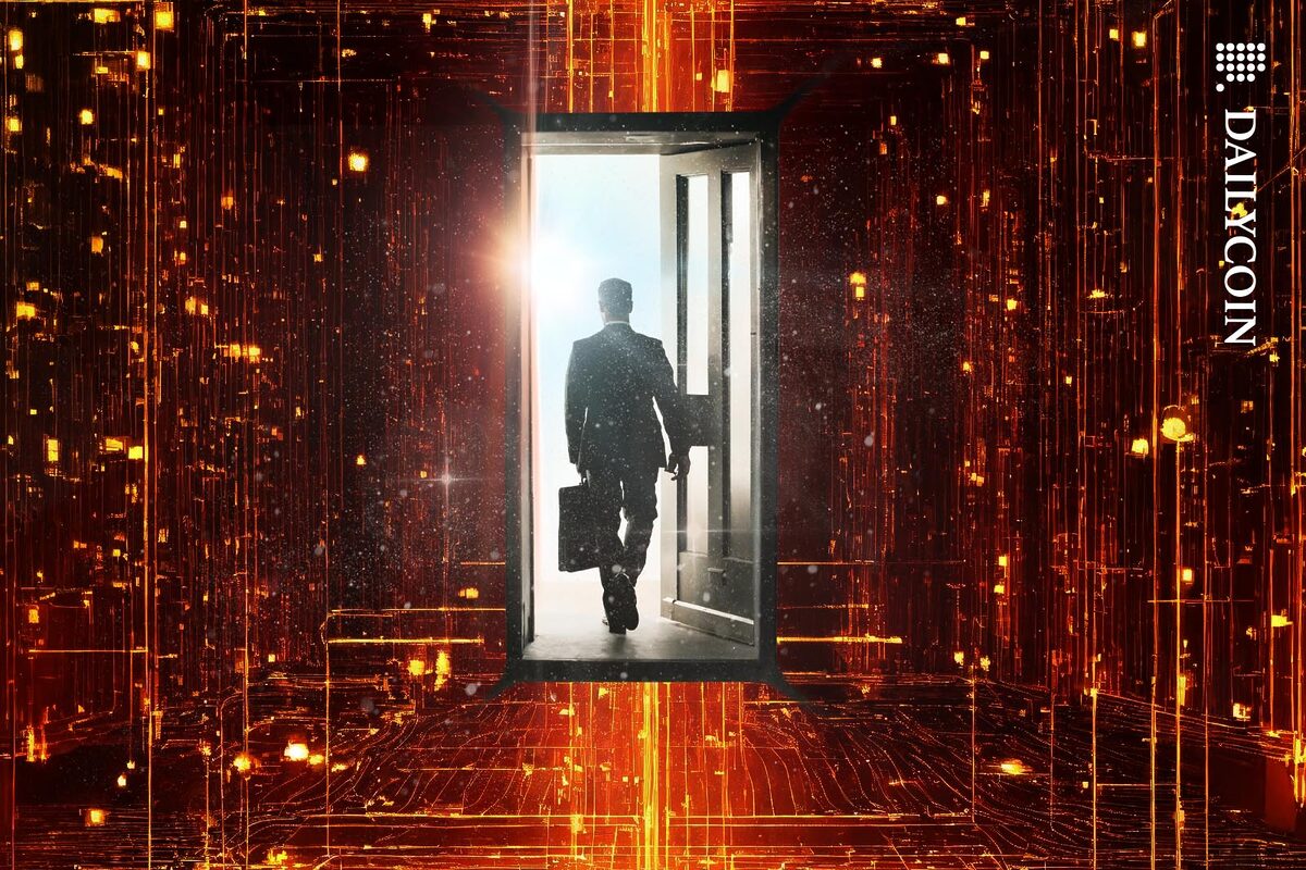 Man in suit leaving a wierd digital room through a door into the light.