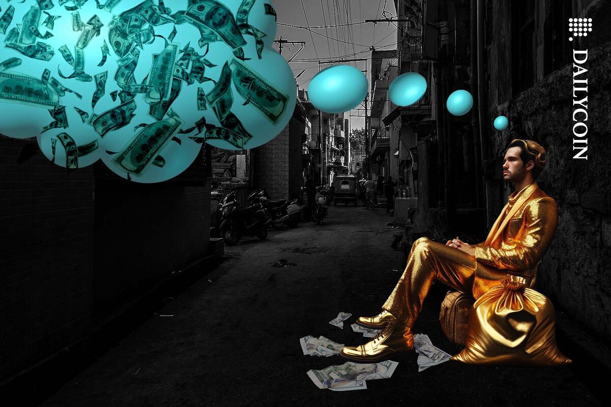 Wealthy bagger wearing a golden suit dreaming about more money.